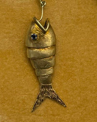 The Angler's Treasure— Rare Blue Sapphire & 14K Yellow Gold Flexible Fish Brooch