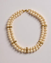 1980s Vintage Napier Gold Tone Accents and Faux Pearl Beads Two-Strand Necklace
