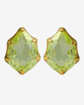 French designer earrings featuring vibrant green peridot rhinestones. A touch of classic glamour