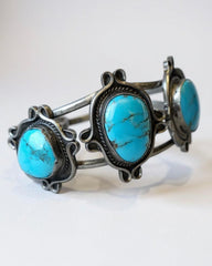 Navajo Handmade Sterling Silver Two-Row Turquoise Cuff Bracelet – Native American Jewelry Bangle