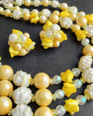 c.1960, Signed Hong Kong Yellow Multi-Strand Bead Necklace & Clip-On Earrings Demi Parure Set Ab Crystal