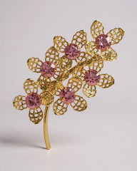 Vintage Pink Rhinestone Leaf Brooch Pin – Gold-Tone Mid-Century Elegance