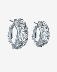 Victorian-Style Filigree Hoop Earrings with Crystals – Platinum Plated, French Clip