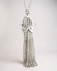 Vintage MONET White Enamel Flower Tassel Pendant Necklace