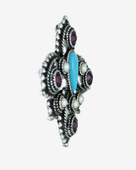 c.1970, SARAH COVENTRY Pendant Turquoise Faux Pearls Purple Rhinestone Brooch/Pendant