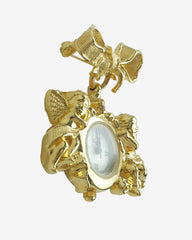 c.1980 AVON Watch Clock Pin Brooch – Signed, Unisex, Featuring Bow & Cherub Angel, Working Timepiece