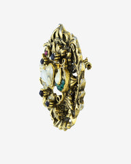 1970S Heraldic Gold Tone Rhinestone Fleur-De-Lis Crescent Heart Shield Brooch