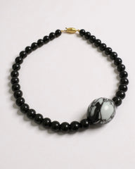 Vintage 1950’s Murano Glass Necklace with Black Beads and Marbled Statement Bead