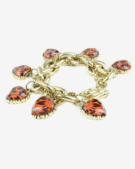 Vintage Betsey Johnson Acrylic Heart Charm Bracelet Gold plated with Leopard Print