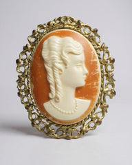 Regal Reverie— Hand-Carved Shell Cameo Brooch & Pendant in Ornate Gold Tone Frame