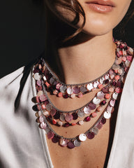 Japan Signed Multi-Strand Necklace – Pink & White Shell Disc Layers Statement