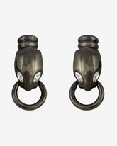 c.1980, Panther-Leopard Earrings in Iridescent Gray Molded Glass & Hematite