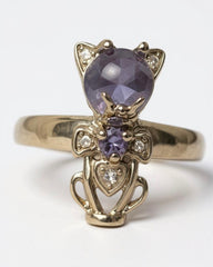 Charming Sterling Silver Cat Ring with Natural Tanzanite & Zirconia Accents - Feline Design