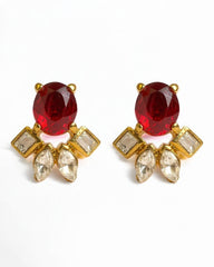 Dazzling Vintage Ruby Red & Clear Crystal Gold Toned Statement Stud Earrings