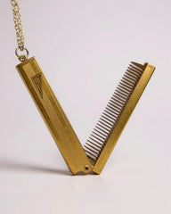Antique Gold-Filled Folding Comb Necklace – Unisex Necklace With Long Sterling Silver Chain “Perfect for Hair, Beard, or Mustache Grooming.