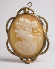 Vintage Lady Cameo Brooch Pendant | Gold-Plated 4-Prong Setting | Shell Cameo in Rope Frame