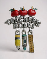 Vintage AJMC Teachers Rule – Brooch with Dangling Charms of Ruler, Apple, Pencil & Crayon