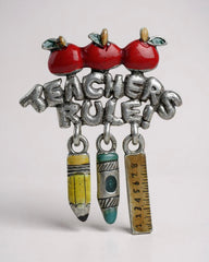 Vintage AJMC Teachers Rule – Brooch with Dangling Charms of Ruler, Apple, Pencil & Crayon