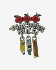Vintage AJMC Teachers Rule – Brooch with Dangling Charms of Ruler, Apple, Pencil & Crayon