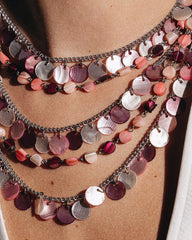 Japan Signed Multi-Strand Necklace – Pink & White Shell Disc Layers Statement