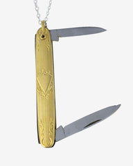 Antique Victorian Gold-Filled Fob Pocket Knife – 2 Blades, Unisex Necklace with Long Sterling Silver Chain