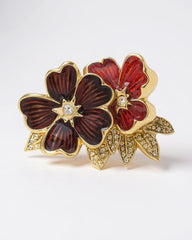 Vintage BOB MACKIE Signed Enamel FLORAL Double FLOWER Brooch Pin | Clear Rhinestones