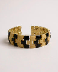 Vintage Black Enamel & Gold Tone Interlocking Link Cuff Bangle Bracelet