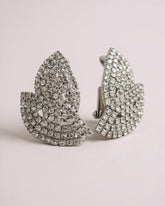 c.1960, Les Bernard Statement Rhodium Pave Clear Crystal Leaves Clip-On Earrings