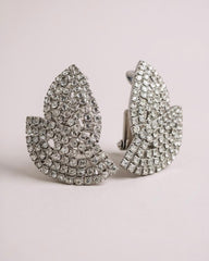 c.1960, Les Bernard Statement Rhodium Pave Clear Crystal Leaves Clip-On Earrings