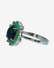Exquisite White Gold Black Opal & Emerald Cluster Ring - Elegant Floral Design