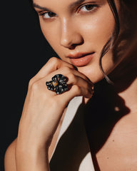 C.2000, RARE CHANEL STATEMENT PEWTER CAMELLIA PEARL RING