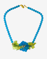 Vintage Handmade Blue Frosted Italian Murano Glass Bead & Flower Necklace – Green Leaves