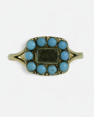 Rare Antique Georgian 14K Gold Mourning Ring - Turquoise & Woven Hair