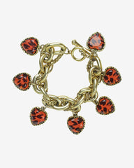 Vintage Betsey Johnson Acrylic Heart Charm Bracelet Gold plated with Leopard Print