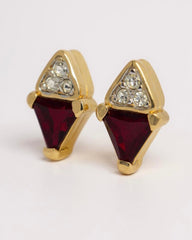 Vintage French Geometric Studs – Garnet Swarovski Crystal & Triple Gold Plated Elegance