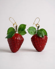 Italian Murano Glass strawberry dangling earrings -Handmade Artisan Fruit Jewelry