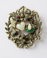 1970S Heraldic Gold Tone Rhinestone Fleur-De-Lis Crescent Heart Shield Brooch
