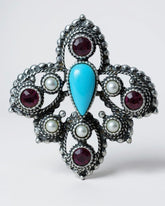 c.1970, SARAH COVENTRY Pendant Turquoise Faux Pearls Purple Rhinestone Brooch/Pendant
