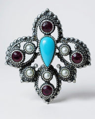 c.1970, SARAH COVENTRY Pendant Turquoise Faux Pearls Purple Rhinestone Brooch/Pendant
