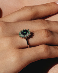 Exquisite White Gold Black Opal & Emerald Cluster Ring - Elegant Floral Design