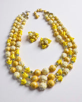 c.1960, Signed Hong Kong Yellow Multi-Strand Bead Necklace & Clip-On Earrings Demi Parure Set Ab Crystal