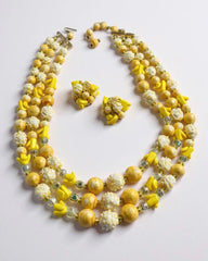 c.1960, Signed Hong Kong Yellow Multi-Strand Bead Necklace & Clip-On Earrings Demi Parure Set Ab Crystal
