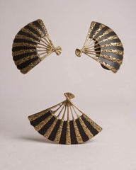 Vintage Siam Sterling Silver & Black Enamel Nielloware Set – Clip-On Fan Earrings & Matching Brooch – Marked “Sterling Made in Siam