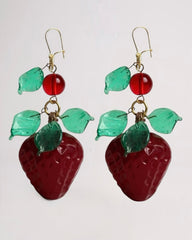 Italian Murano Glass Strawberry Dangling Earrings -Handmade Artisan Fruit Jewelry