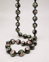 Artful 1950s Vintage Black Cloisonné Beaded Necklace - Hand Knotted Floral Artistry