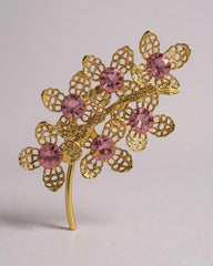 Vintage Pink Rhinestone Leaf Brooch Pin – Gold-Tone Mid-Century Elegance