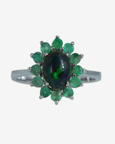 Exquisite White Gold Black Opal & Emerald Cluster Ring - Elegant Floral Design