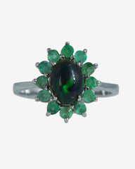 Exquisite White Gold Black Opal & Emerald Cluster Ring - Elegant Floral Design