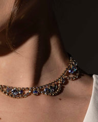 Vintage 1950s Aurora Borealis Rainbow Paste Glass Swag Necklace & Clip-On Earrings Set – Mid-Century Sparkle & Elegance