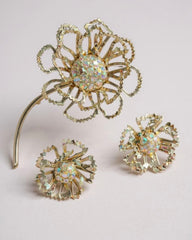 Vintage Sarah Coventry “Allusion” Brooch & Clip-On Earrings Set – 1968 – Aurora Borealis Rhinestone Flower Jewelry